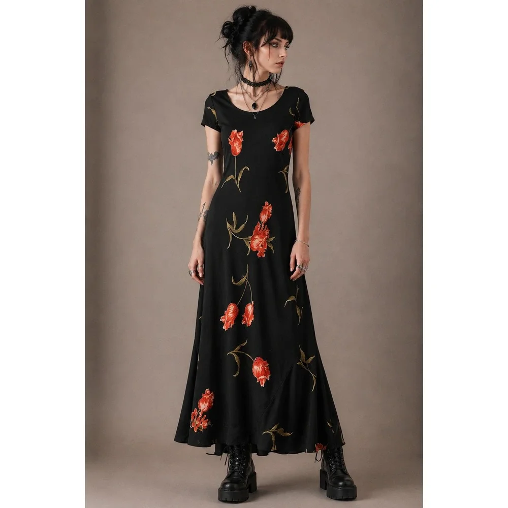 90s Jessica Howard Whimsigoth Floral Maxi Dress Black Orange Tulip 00 | XXS
